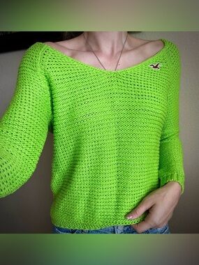 Y2K Knit Hollister Sweater Lime Green Embroidered Logo M S